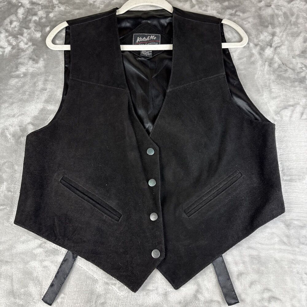Vintage Katch Me SF Suede Leather Vest Men's L Black‎ Snap Front Pockets (1166)